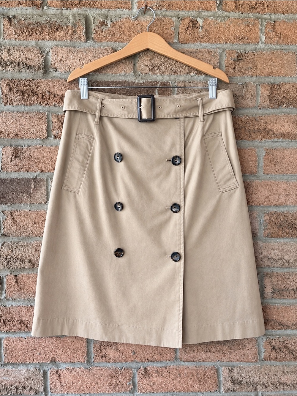 TALBOTS Khaki Trench Skirt Belted Double Breasted A-Line Quiet Luxury Size 12